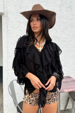 Sale Harlow Black Ruffle Blouse Long Sleeves|Festival Tops