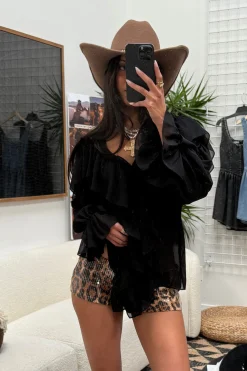 Sale Harlow Black Ruffle Blouse Long Sleeves|Festival Tops