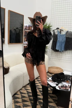 Sale Harlow Black Ruffle Blouse Long Sleeves|Festival Tops
