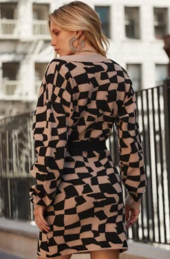 Discount Heather Black & Tan Printed Sweater Mini Dress Day Dresses|Mini Dresses