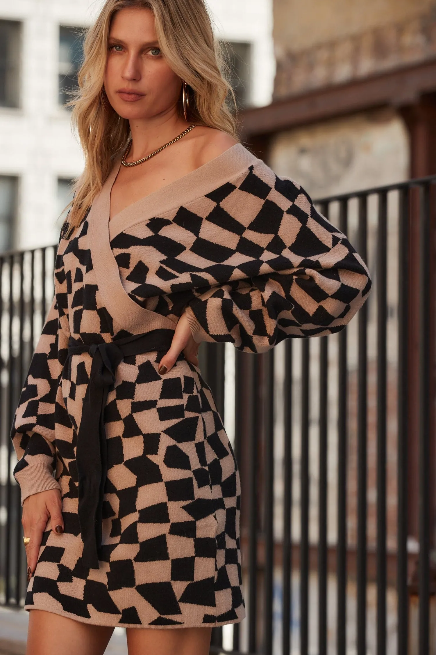 Discount Heather Black & Tan Printed Sweater Mini Dress Day Dresses|Mini Dresses