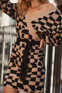 Discount Heather Black & Tan Printed Sweater Mini Dress Day Dresses|Mini Dresses