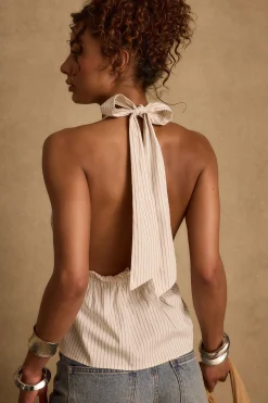 Discount Heda Beige Striped Halter Top Date Night Tops|Tees + Tanks