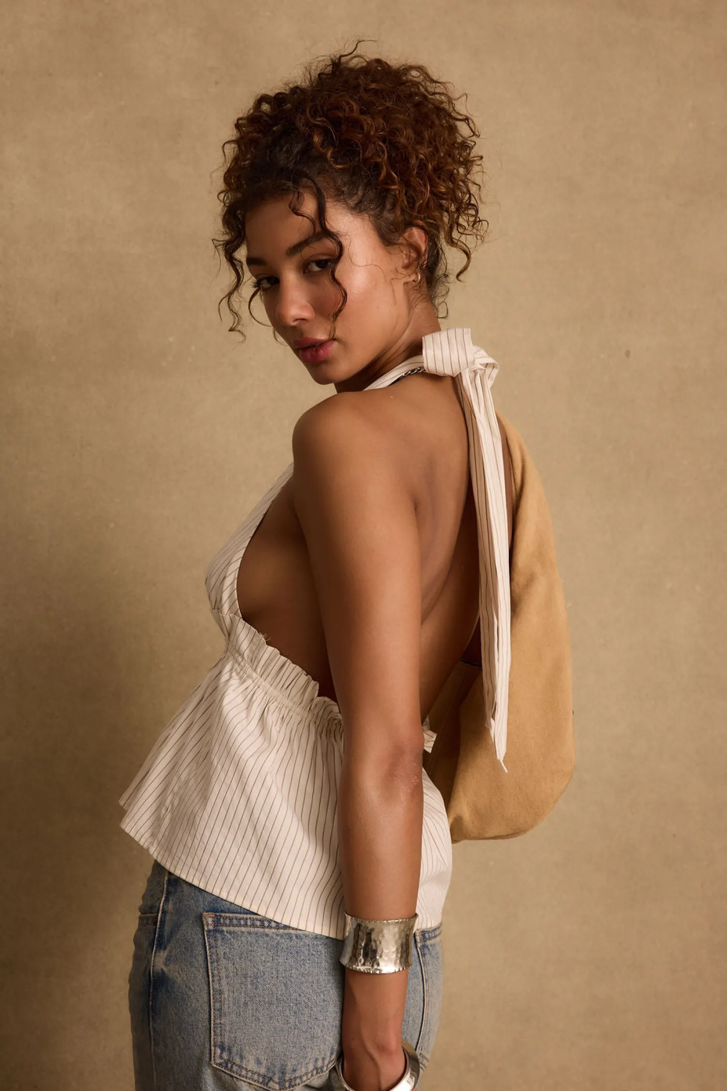 Discount Heda Beige Striped Halter Top Date Night Tops|Tees + Tanks