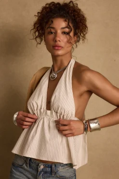 Discount Heda Beige Striped Halter Top Date Night Tops|Tees + Tanks