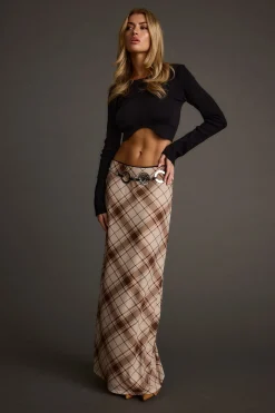 Discount Julia Brown Plaid Mesh Maxi Skirt Date Night Bottoms|Skirts