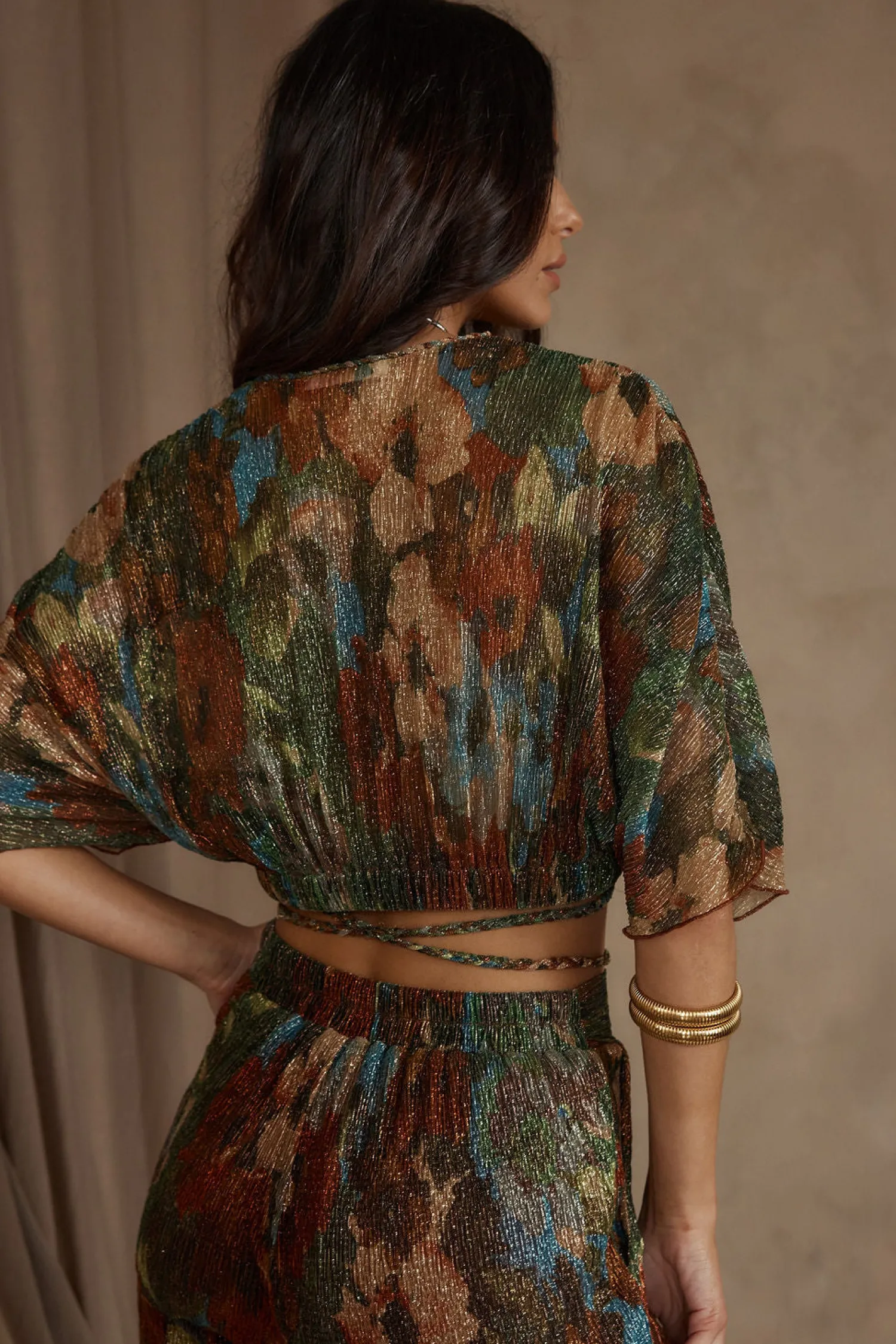 Clearance Kaia Multicolor Metallic Floral Crop Top Sets|Sets