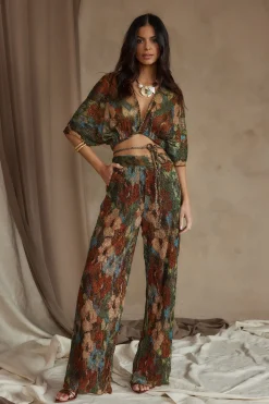 Clearance Kaia Multicolor Metallic Floral Crop Top Sets|Sets