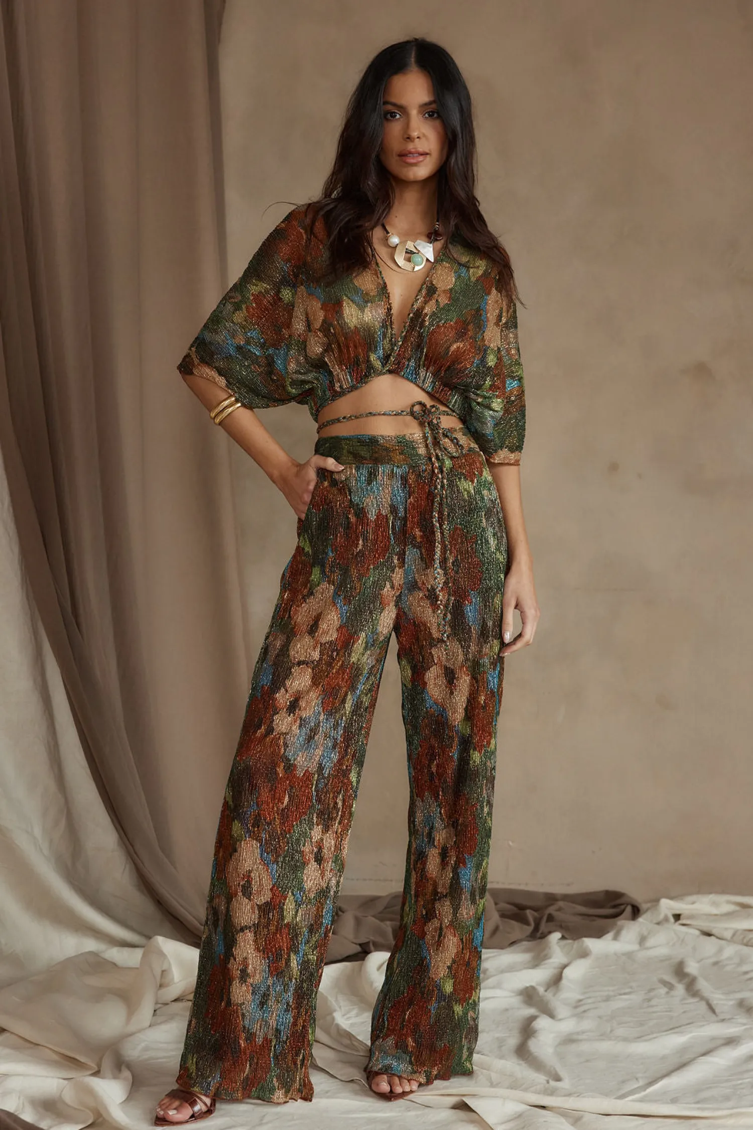 Clearance Kaia Multicolor Metallic Floral Crop Top Sets|Sets