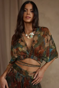 Clearance Kaia Multicolor Metallic Floral Crop Top Sets|Sets