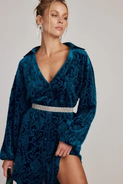 Clearance Kali Blue Long Sleeve Velvet Dress Mini Dresses