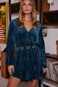 Clearance Kali Blue Long Sleeve Velvet Dress Mini Dresses