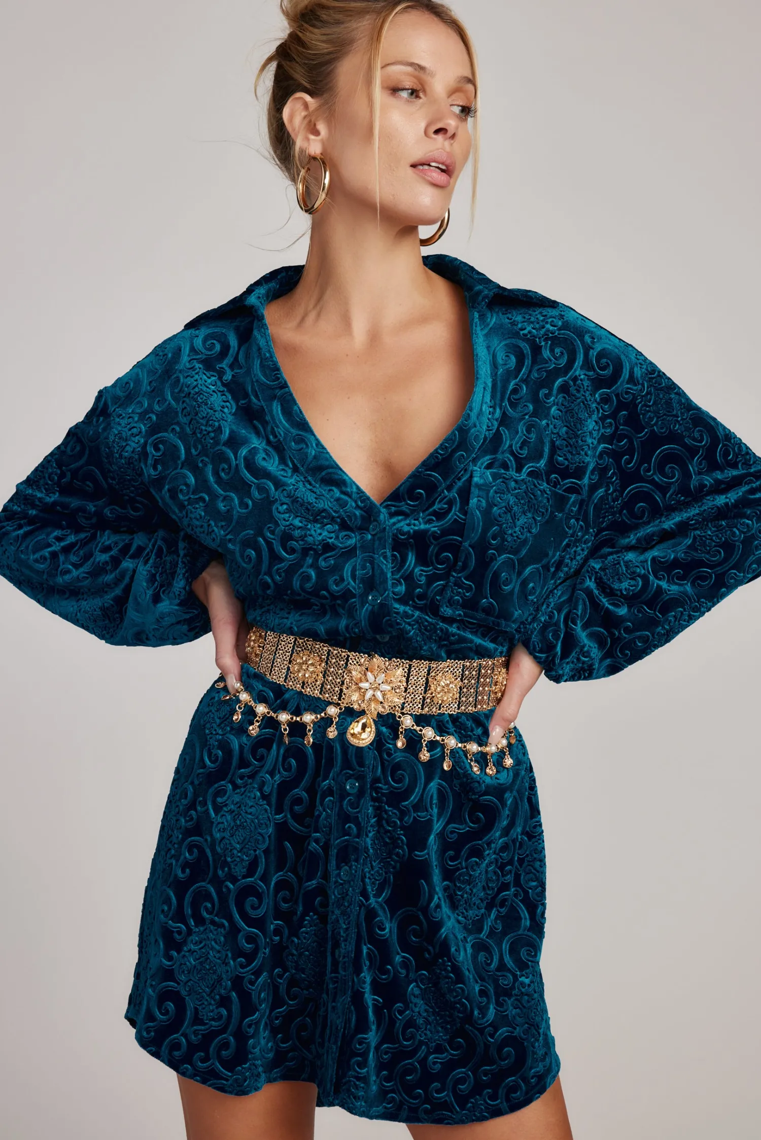 Clearance Kali Blue Long Sleeve Velvet Dress Mini Dresses