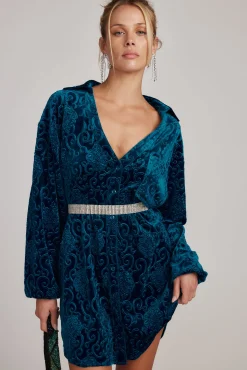 Clearance Kali Blue Long Sleeve Velvet Dress Mini Dresses