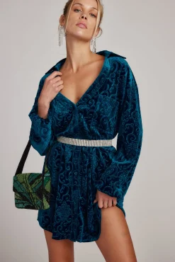 Clearance Kali Blue Long Sleeve Velvet Dress Mini Dresses