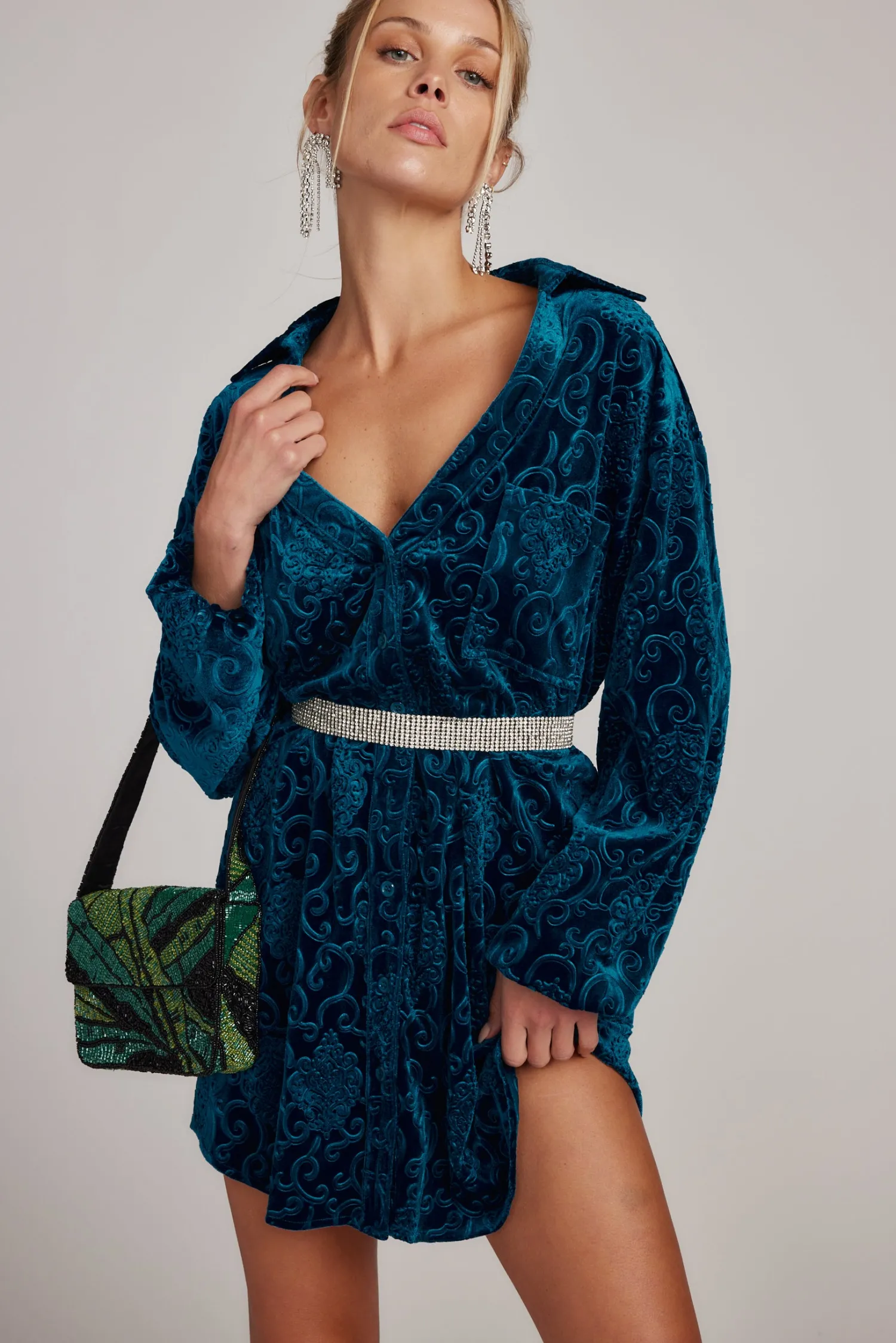 Clearance Kali Blue Long Sleeve Velvet Dress Mini Dresses