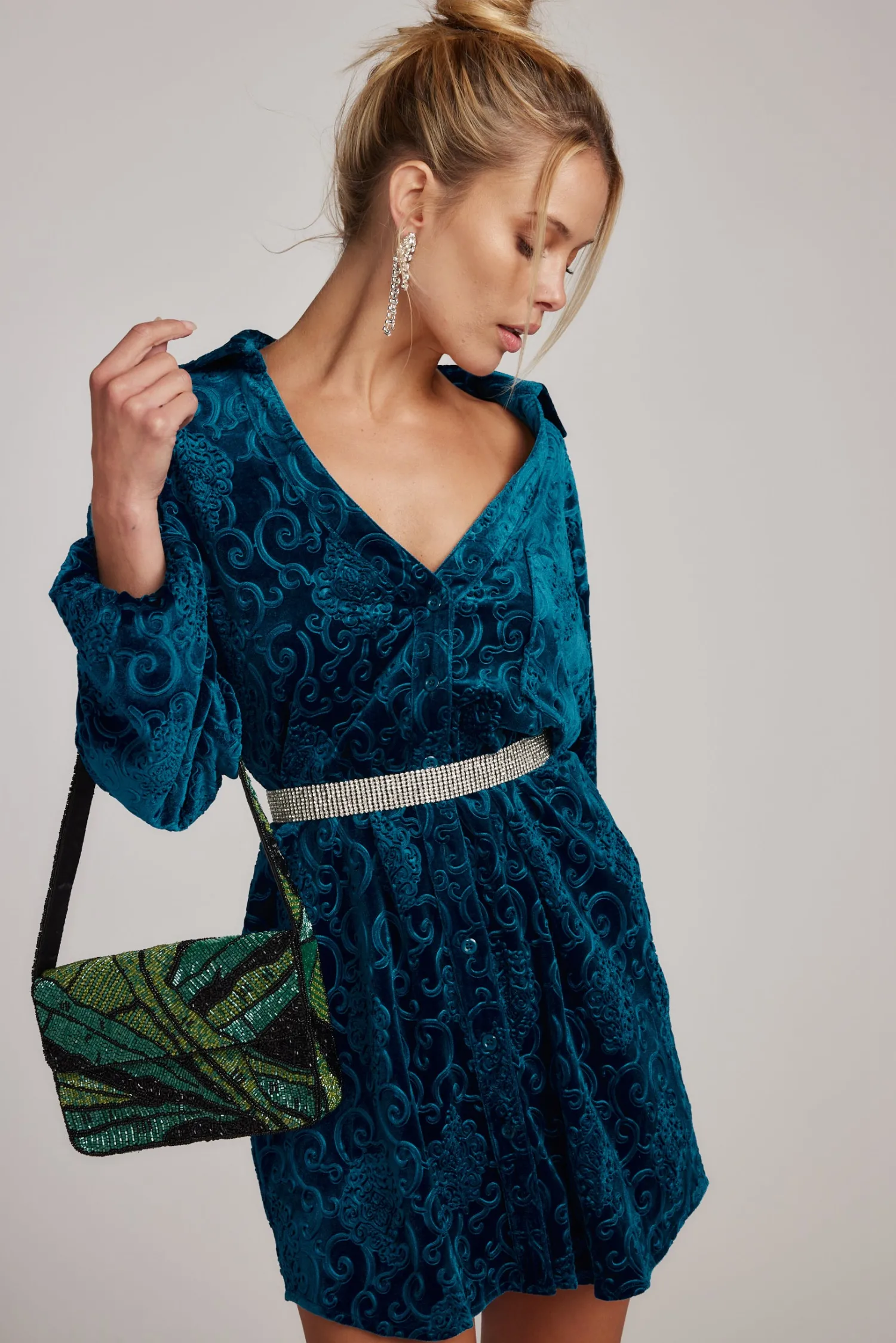 Clearance Kali Blue Long Sleeve Velvet Dress Mini Dresses