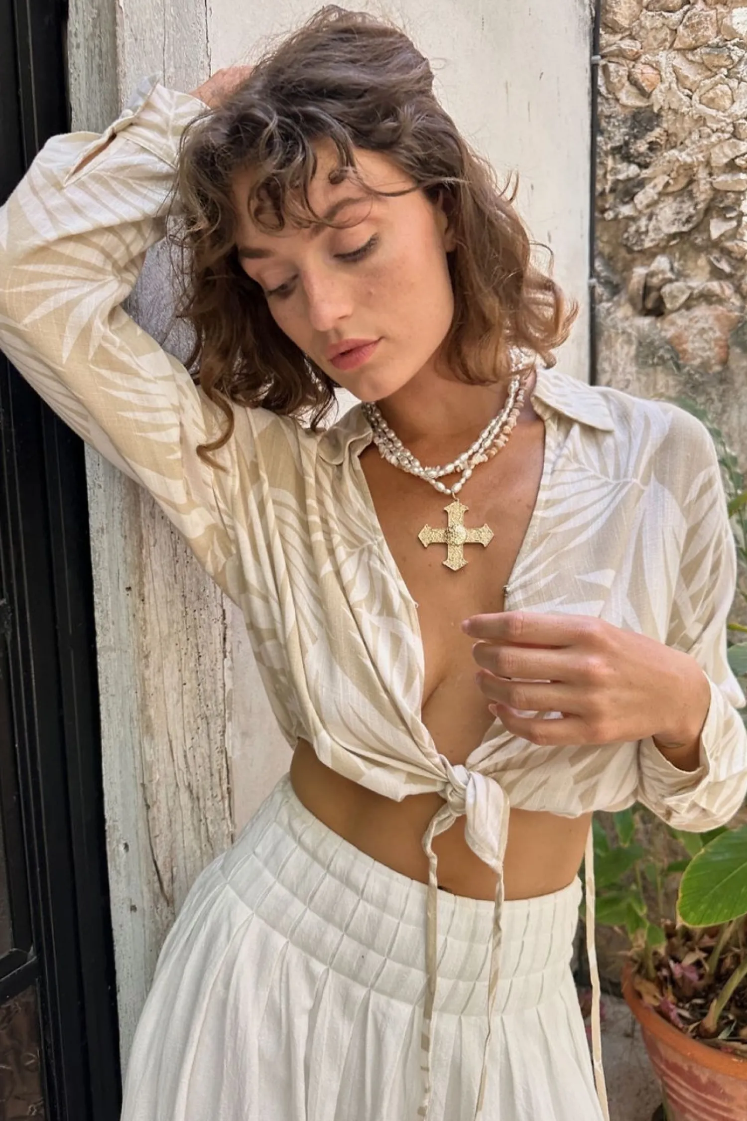 New Kiana Beige Palm Print Wrap Top Long Sleeves|Vacation Tops