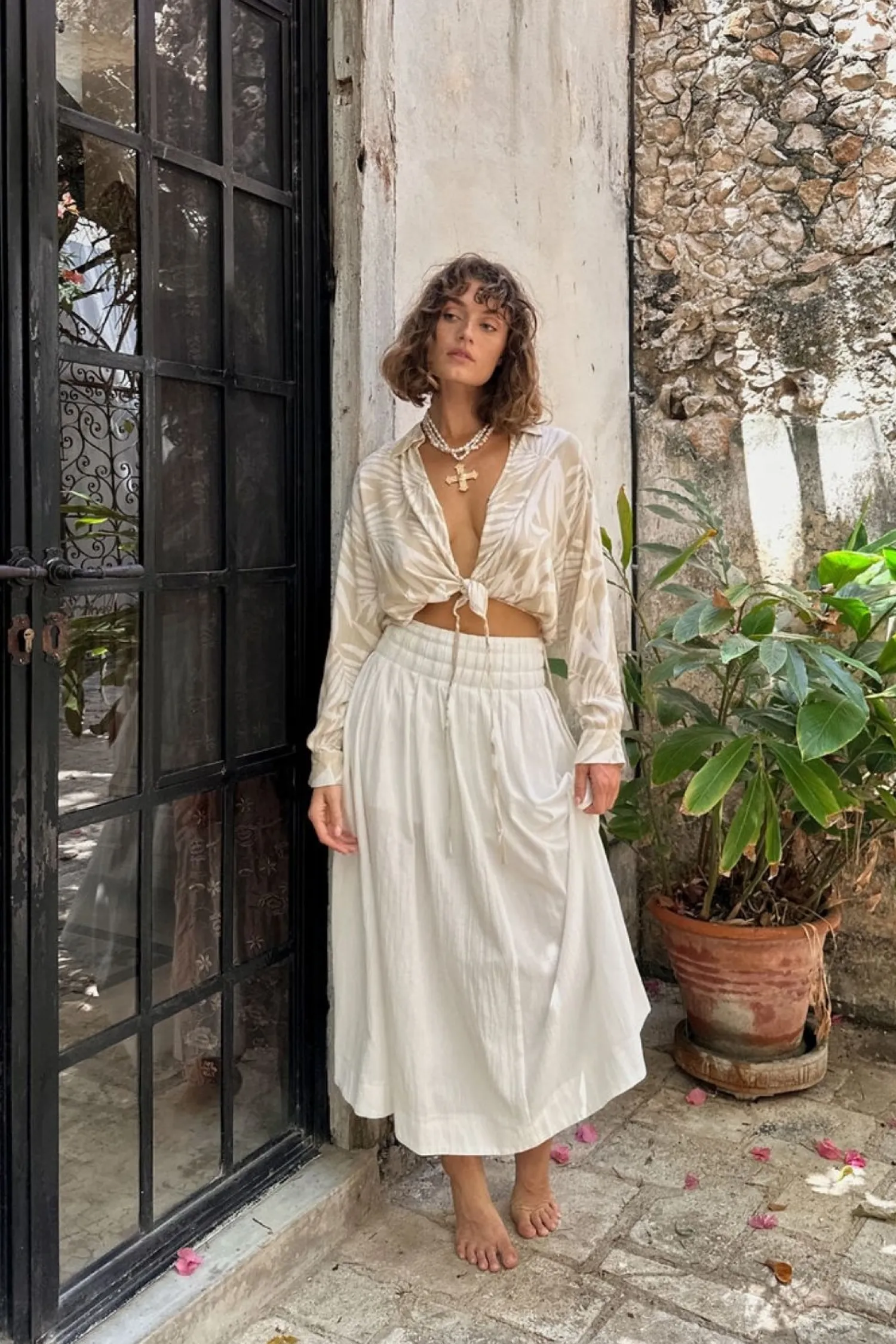 New Kiana Beige Palm Print Wrap Top Long Sleeves|Vacation Tops