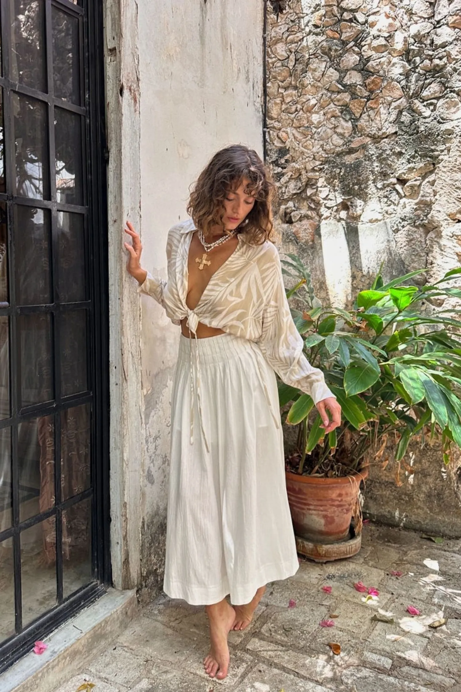 New Kiana Beige Palm Print Wrap Top Long Sleeves|Vacation Tops