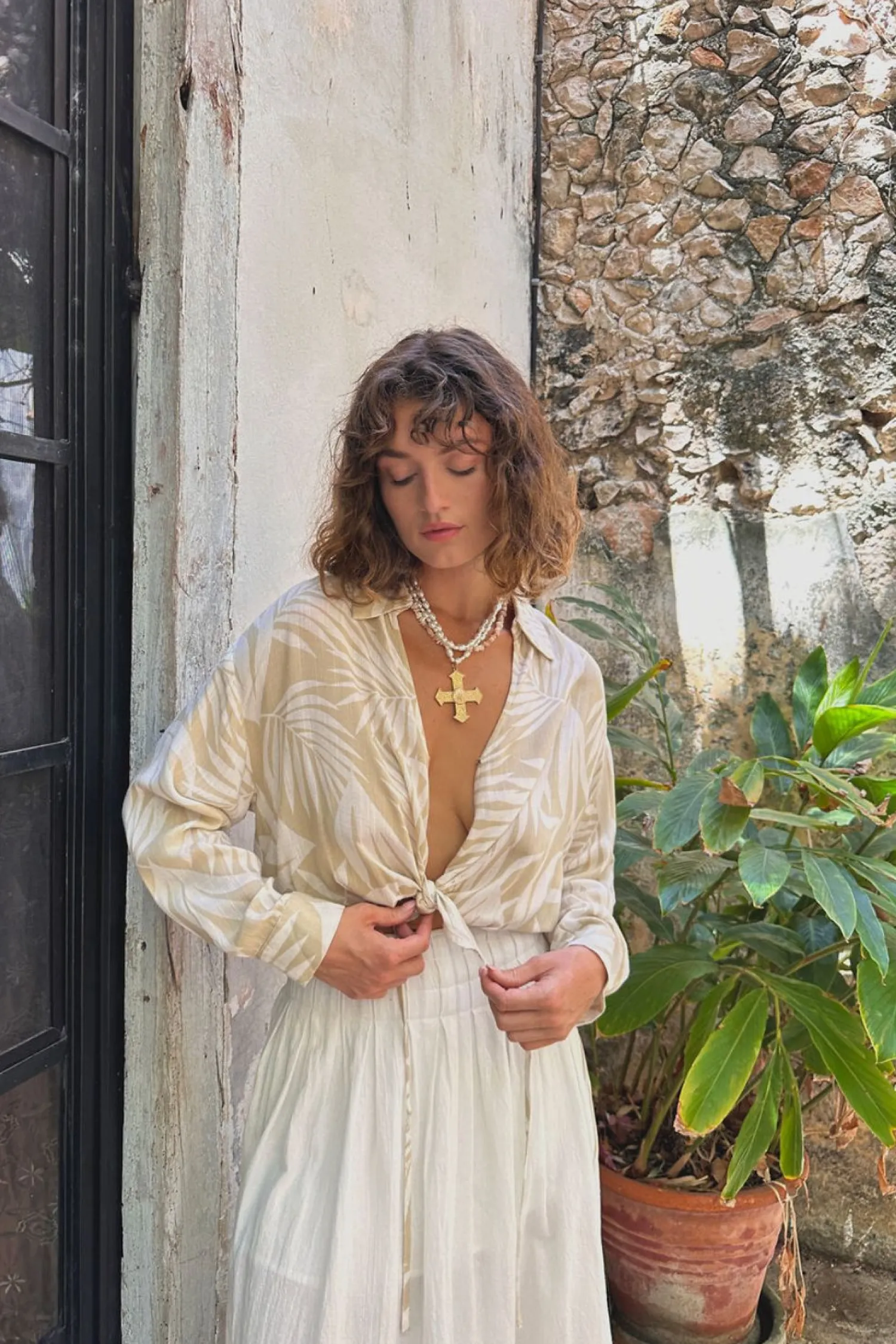 New Kiana Beige Palm Print Wrap Top Long Sleeves|Vacation Tops