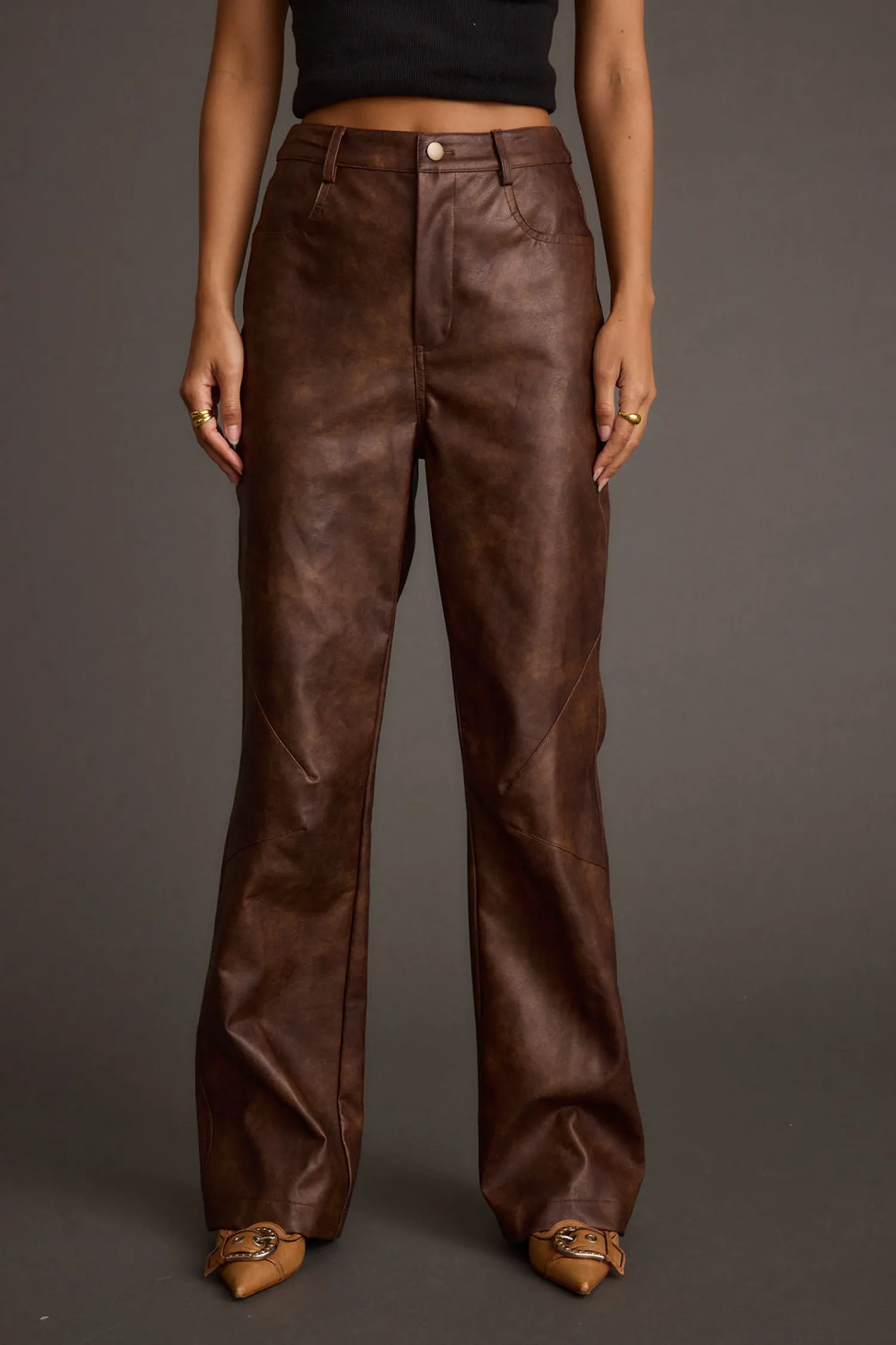 Sale Kingsley Washed Brown Vegan Leather Straight Leg Pants Pants