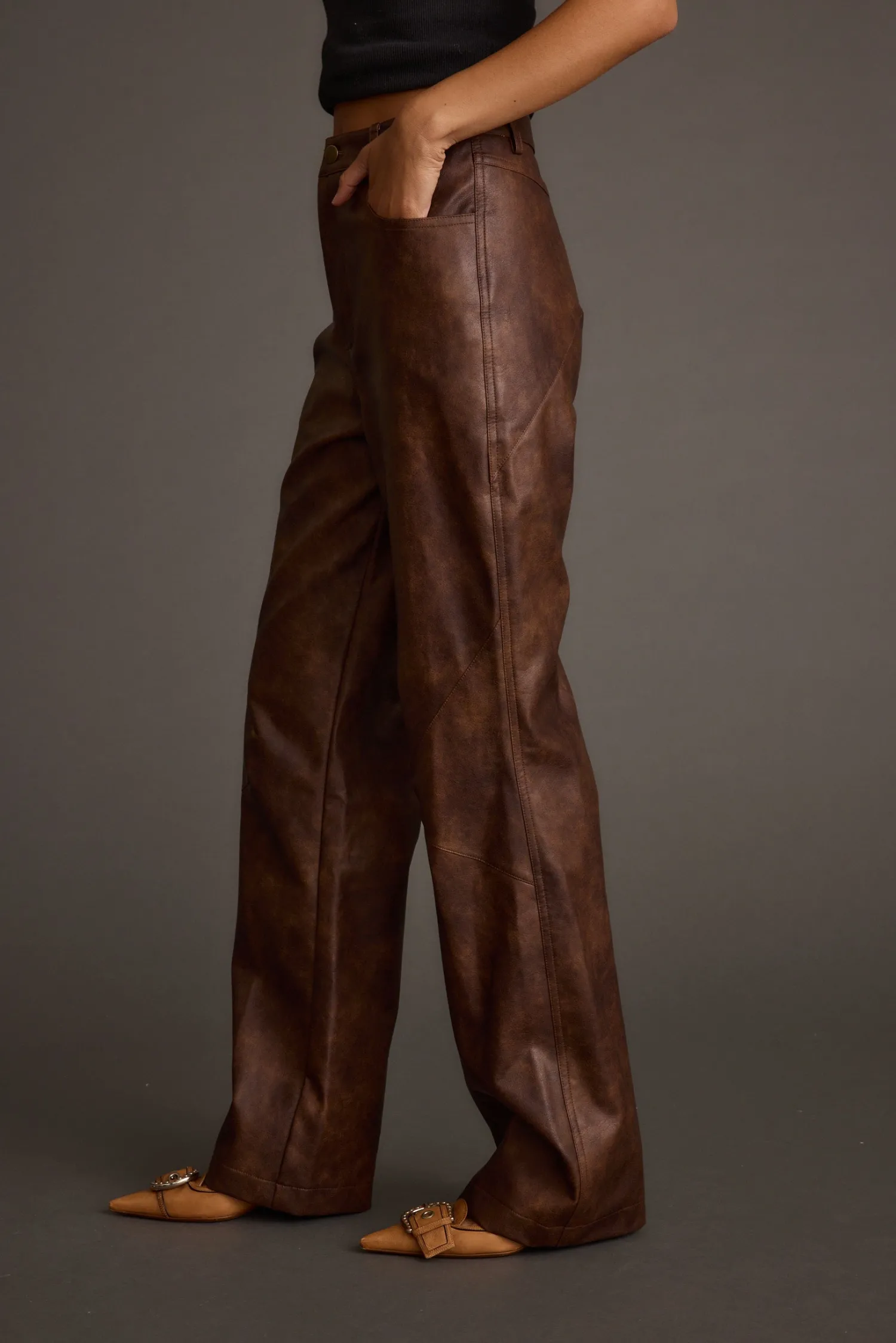 Sale Kingsley Washed Brown Vegan Leather Straight Leg Pants Pants