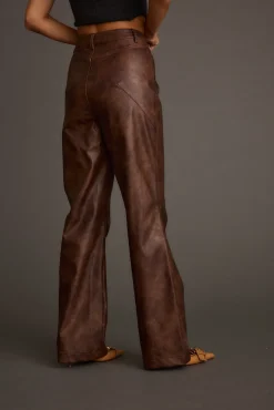 Sale Kingsley Washed Brown Vegan Leather Straight Leg Pants Pants