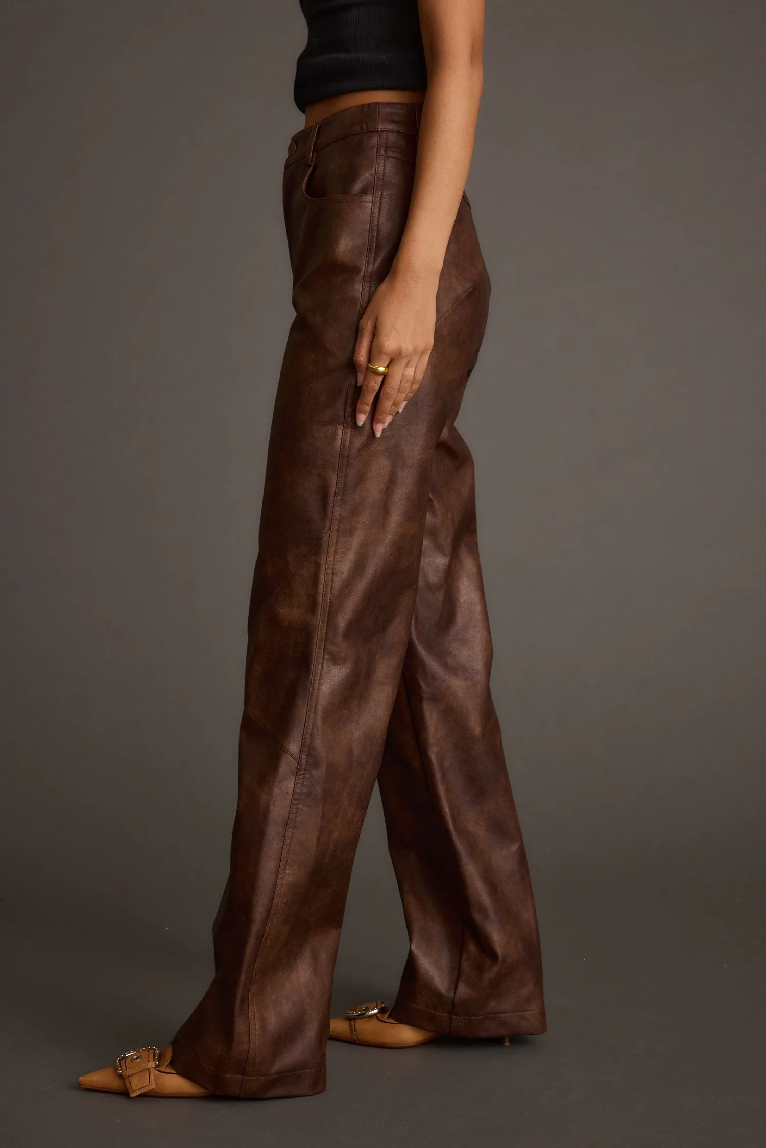 Sale Kingsley Washed Brown Vegan Leather Straight Leg Pants Pants