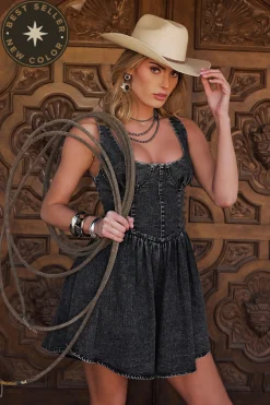 Discount Kit Washed Black Denim Drop Waist Mini Dress Denim + Diamonds Bachelorette|Western Bachelorette