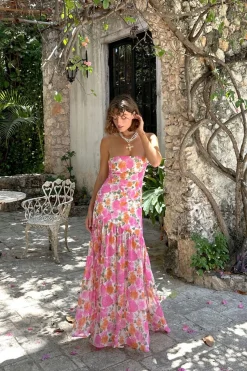 Sale LaBelle Strapless Drop Waist Pink Floral Maxi Dress Day Dresses|Vacation Dresses