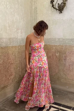 Sale LaBelle Strapless Drop Waist Pink Floral Maxi Dress Day Dresses|Vacation Dresses