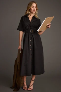 Clearance Leena Black Button Front Belted Midi Dress Midi Dresses