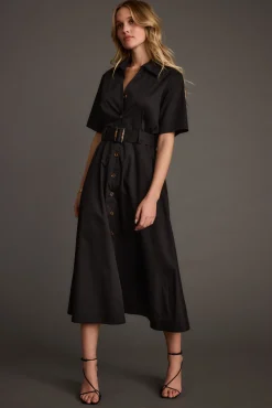 Clearance Leena Black Button Front Belted Midi Dress Midi Dresses