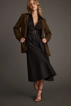 Clearance Leena Black Button Front Belted Midi Dress Midi Dresses