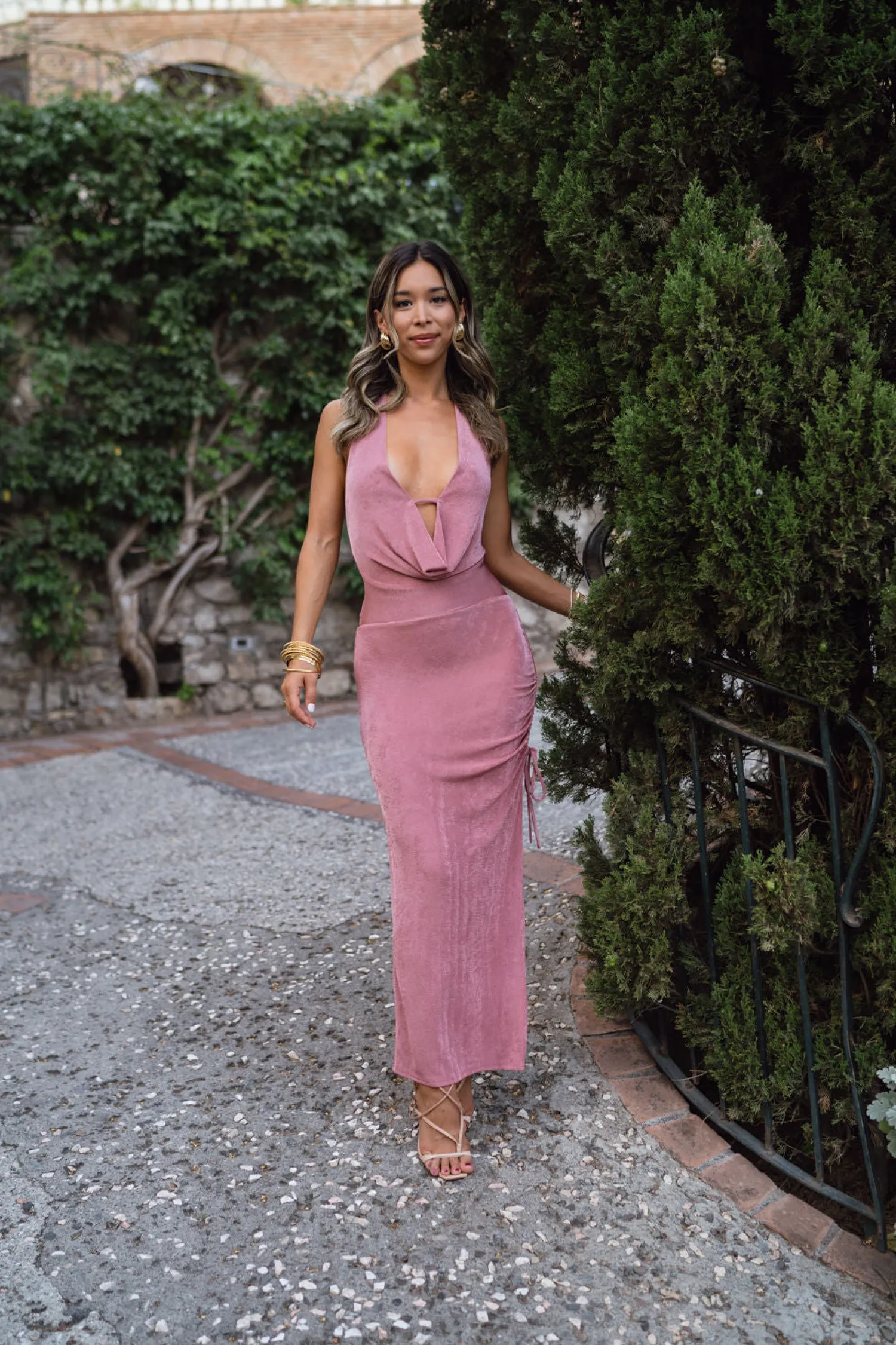Online Lilia Blush Cowl Neck Slinky Midi Dress Party Dresses|Vacation Dresses
