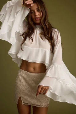 Discount Lola White Chiffon Ruffle Top Bridal Tops|Long Sleeves