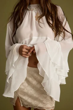 Discount Lola White Chiffon Ruffle Top Bridal Tops|Long Sleeves