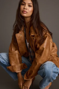 Best London Calling Cognac Oversized Faux Leather Jacket Outerwear|Jackets