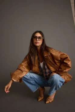 Best London Calling Cognac Oversized Faux Leather Jacket Outerwear|Jackets