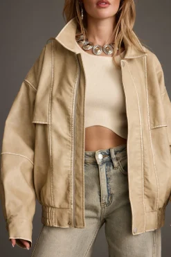 Outlet London Calling Light Taupe Oversized Faux Leather Jacket Outerwear|Jackets