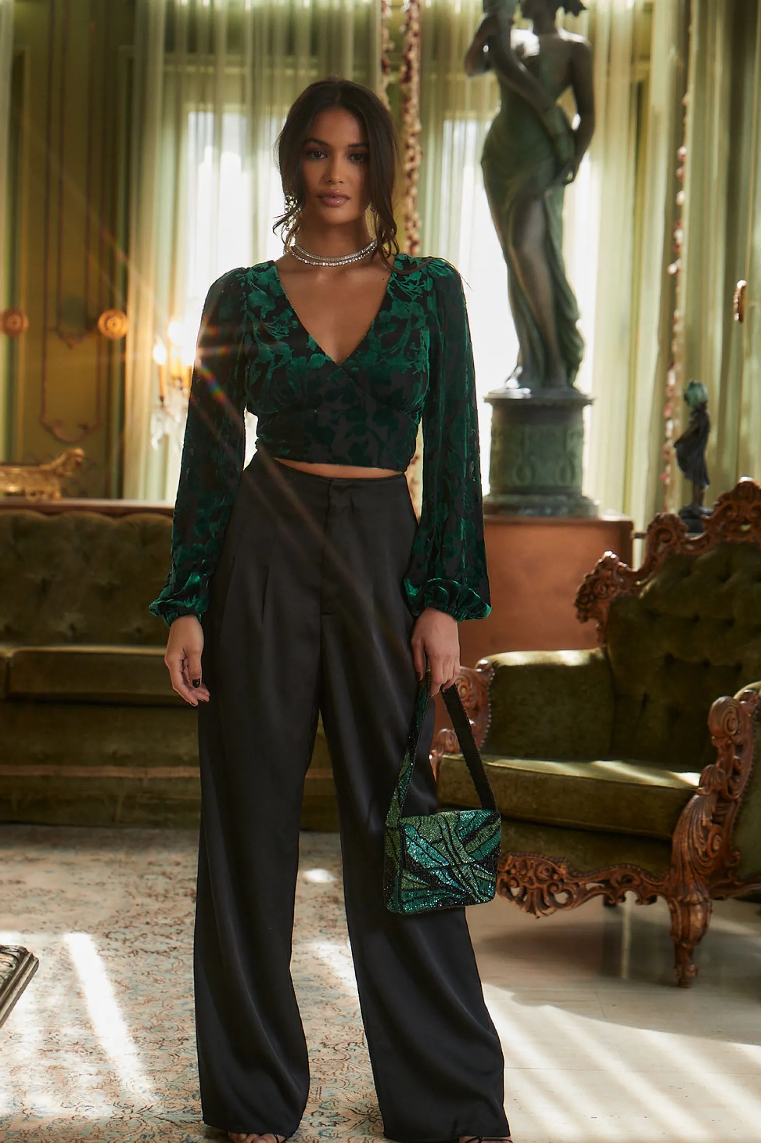 Best Love Affair Emerald Velvet Blouse Going Out Tops|Long Sleeves
