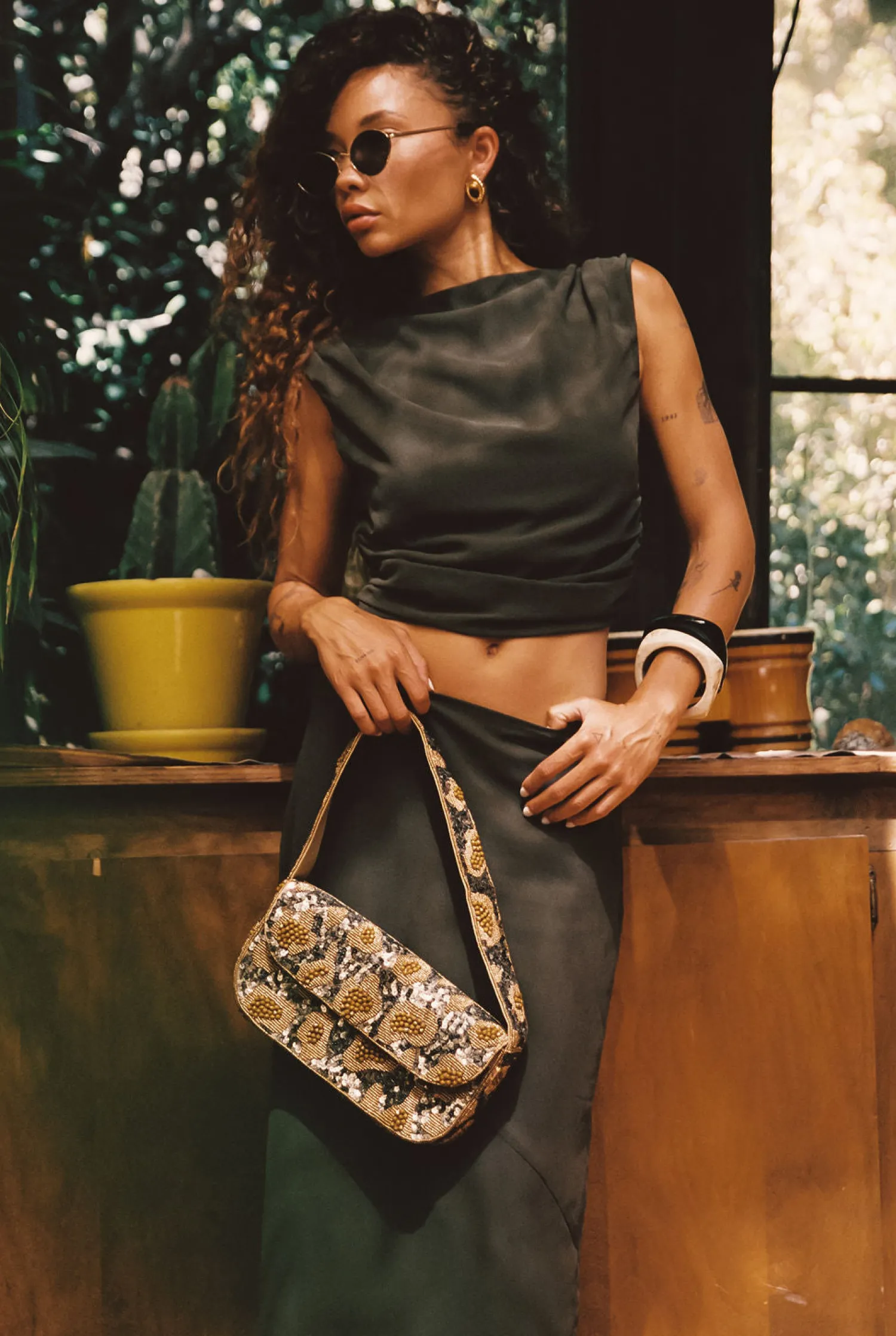 New Lucy Brown Beaded Spotted Print Bag Handbags