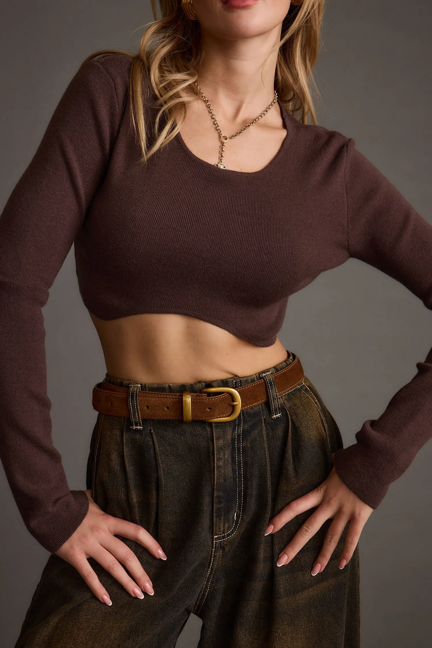 Clearance Malorie Brown Cropped Ribbed Sweater Date Night Tops|Long Sleeves