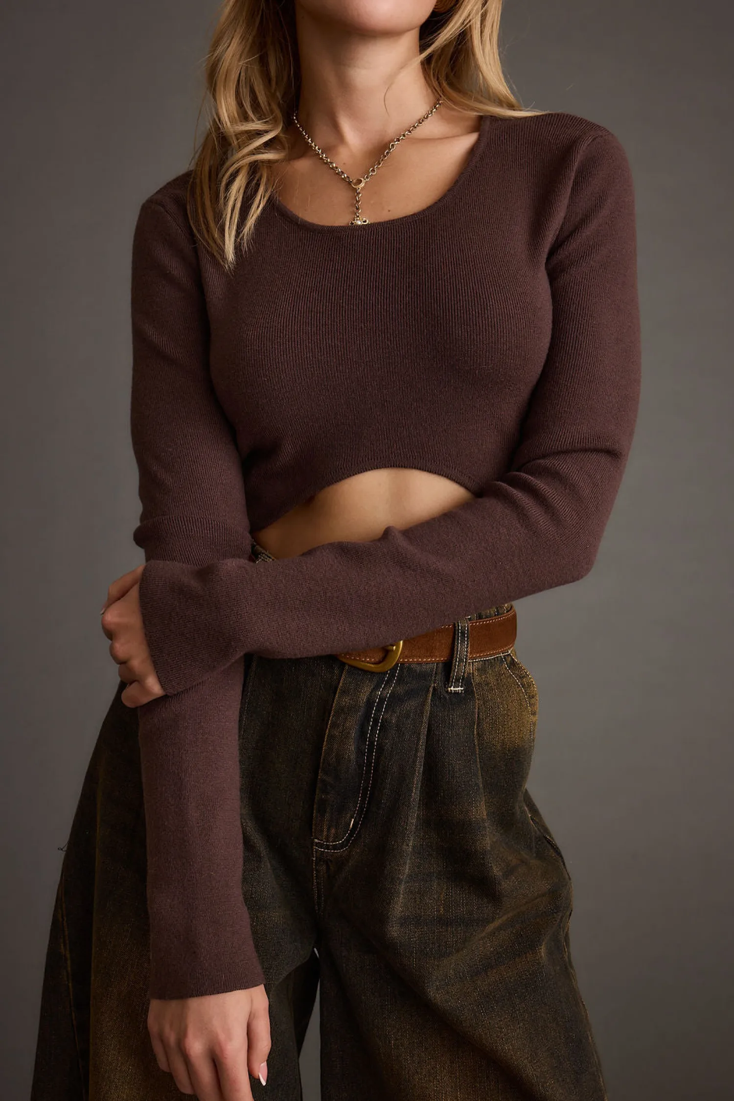 Clearance Malorie Brown Cropped Ribbed Sweater Date Night Tops|Long Sleeves