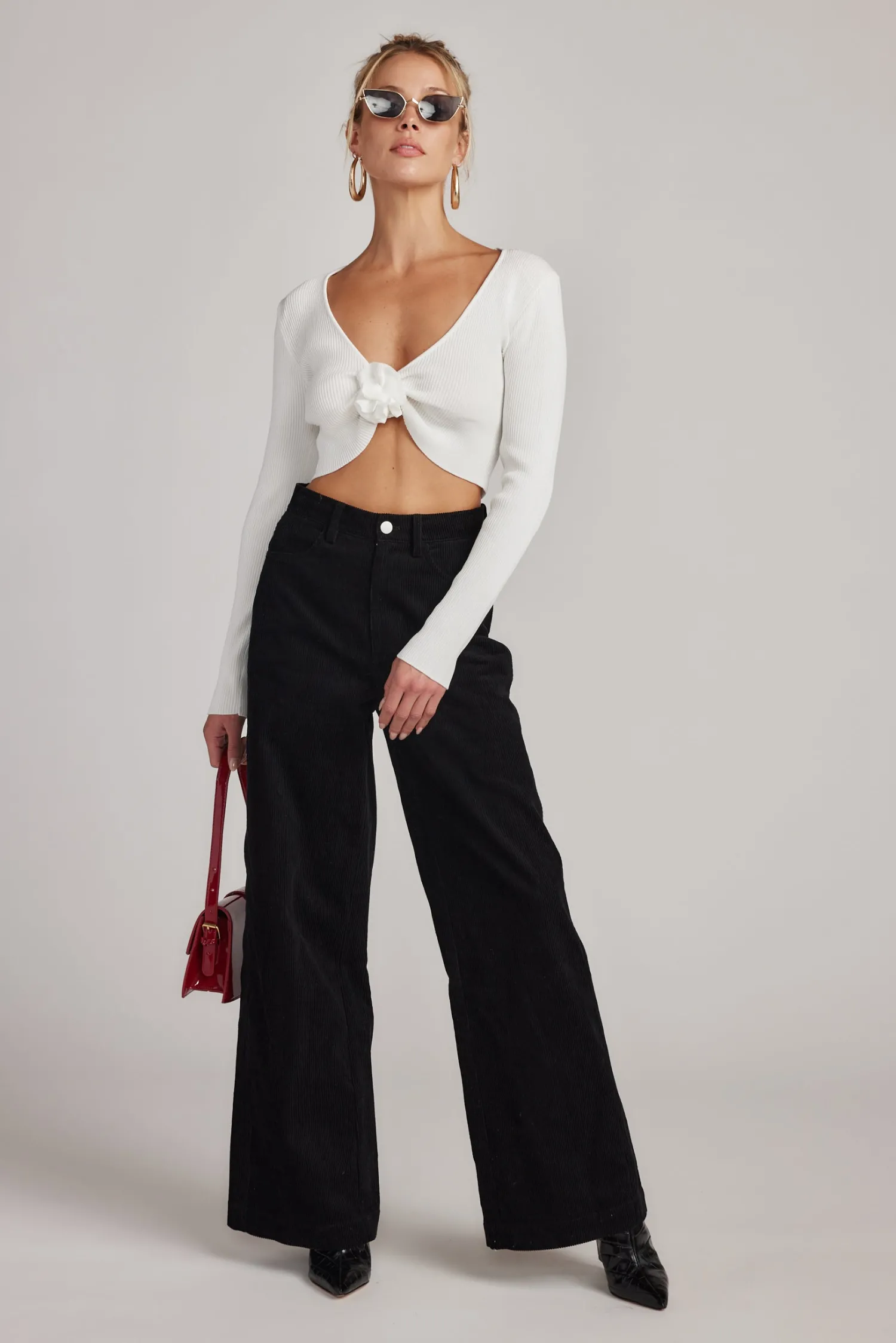 Sale Marie White Long Sleeve Rosette Top Going Out Tops|Sweaters + Cardis