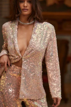 Hot Marina Mermaid Print Sequin Blazer Going Out Tops|Long Sleeves