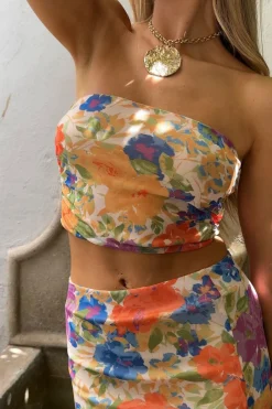 Clearance Marisol Floral Mesh Strapless Crop Top Sets|Sets