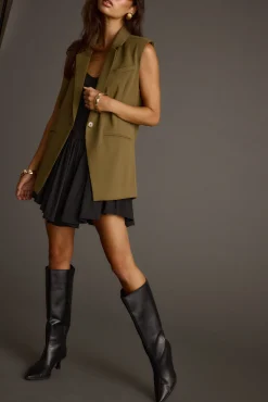 Fashion Marlowe Olive Sleeveless Blazer Tees + Tanks|Vacation Tops