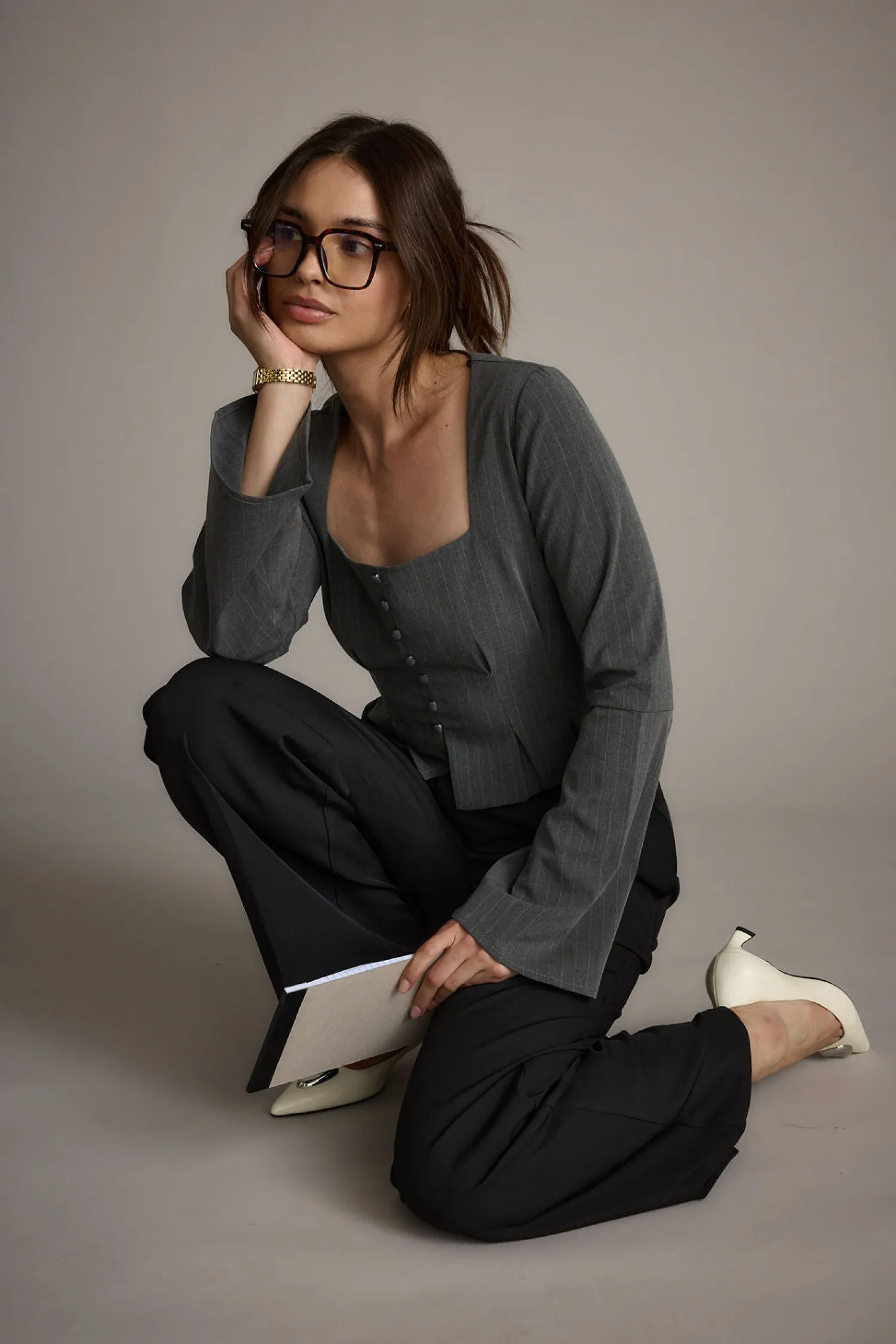 Outlet McGrath Grey Pinstripe Long Sleeve Top Workwear Tops|Long Sleeves